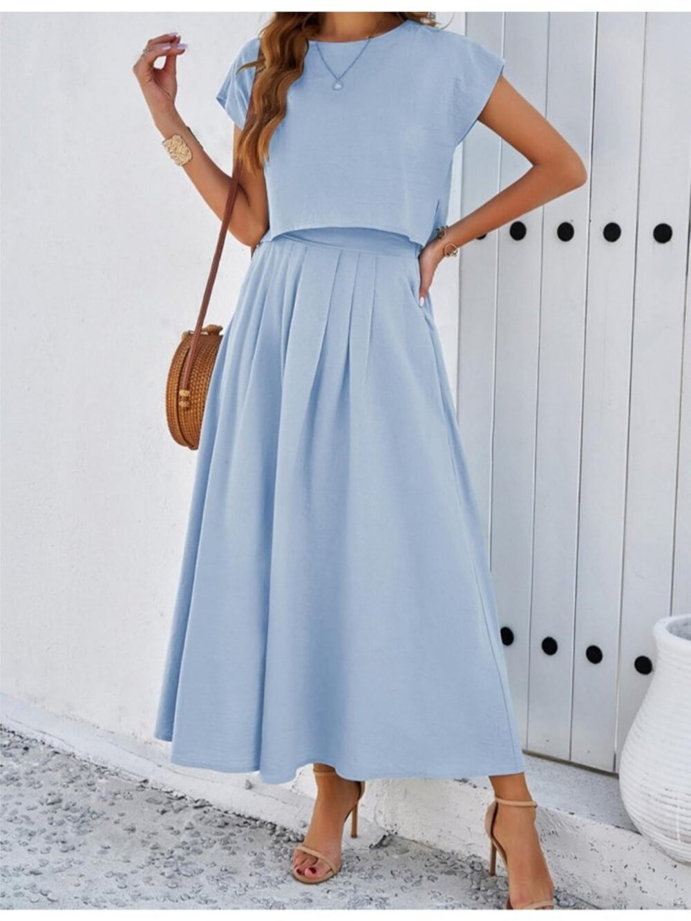Women's Blue Casual 2 Piece Outfits Crop Tops Cap Sleeve Waisted Maxi Dresses - Picture 3 of 4